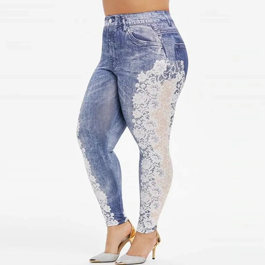 Jean Leggings for Women Plus Size Butterfly Printed Denim High Waisted Yoga Pants Stretch Jean Look Jeggings Tights