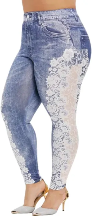 Jean Leggings for Women Plus Size Butterfly Printed Denim High Waisted Yoga Pants Stretch Jean Look Jeggings Tights