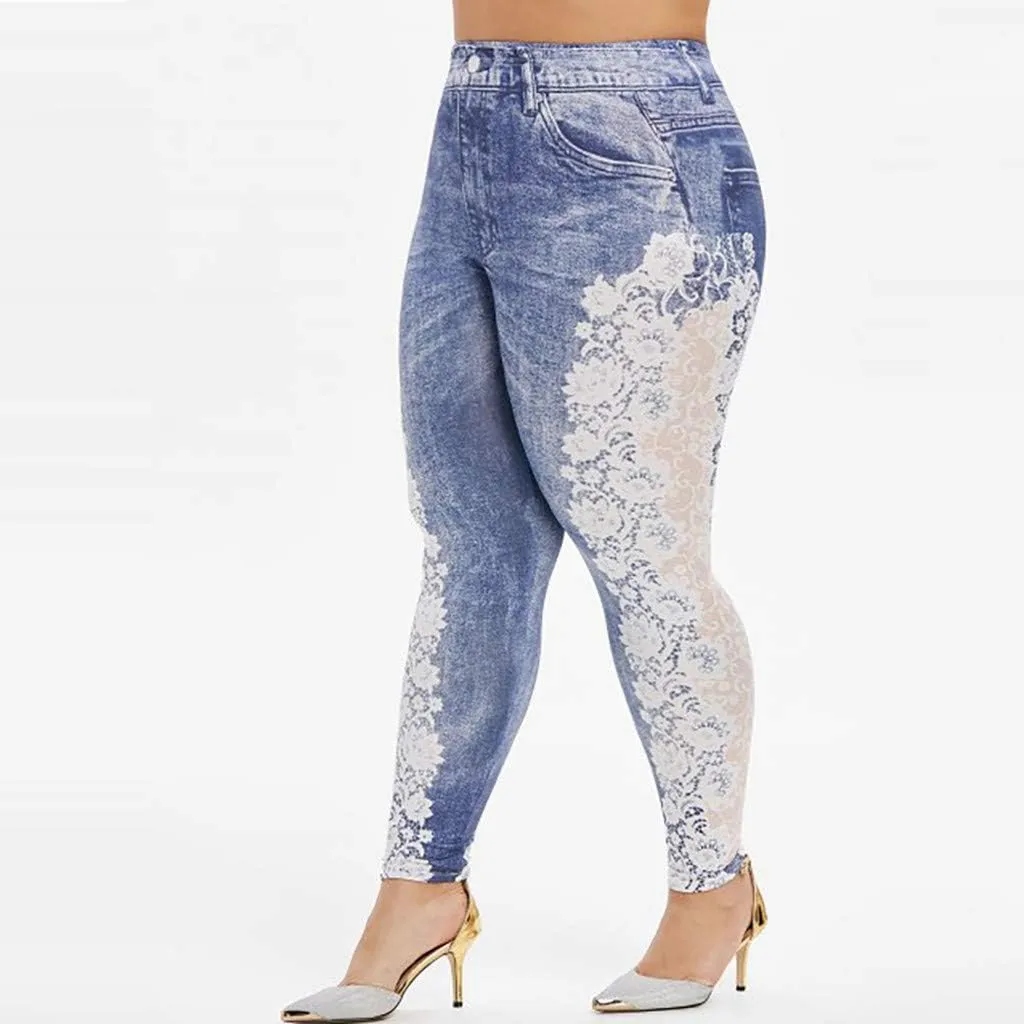 Jean Leggings for Women Plus Size Butterfly Printed Denim High Waisted Yoga Pants Stretch Jean Look Jeggings Tights