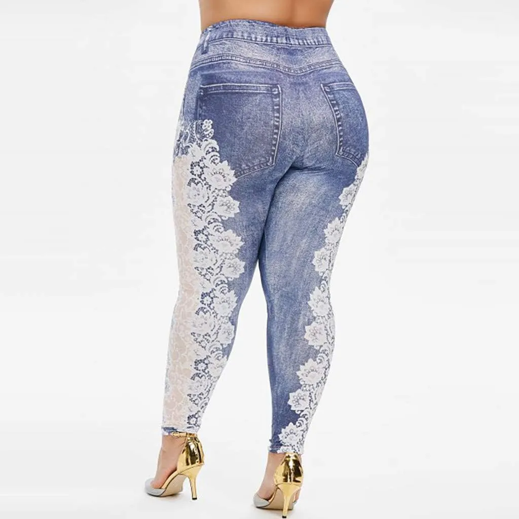 Jean Leggings for Women Plus Size Butterfly Printed Denim High Waisted Yoga Pants Stretch Jean Look Jeggings Tights