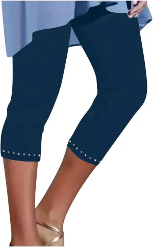 JIEMUXIU Capri Leggings for Women Summer Rhinestone Dressy Cropped High Waist Yoga Pants Compression Leggings Workout Pants
