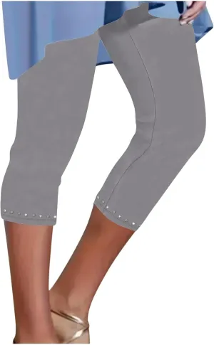 JIEMUXIU Capri Leggings for Women Summer Rhinestone Dressy Cropped High Waist Yoga Pants Compression Leggings Workout Pants