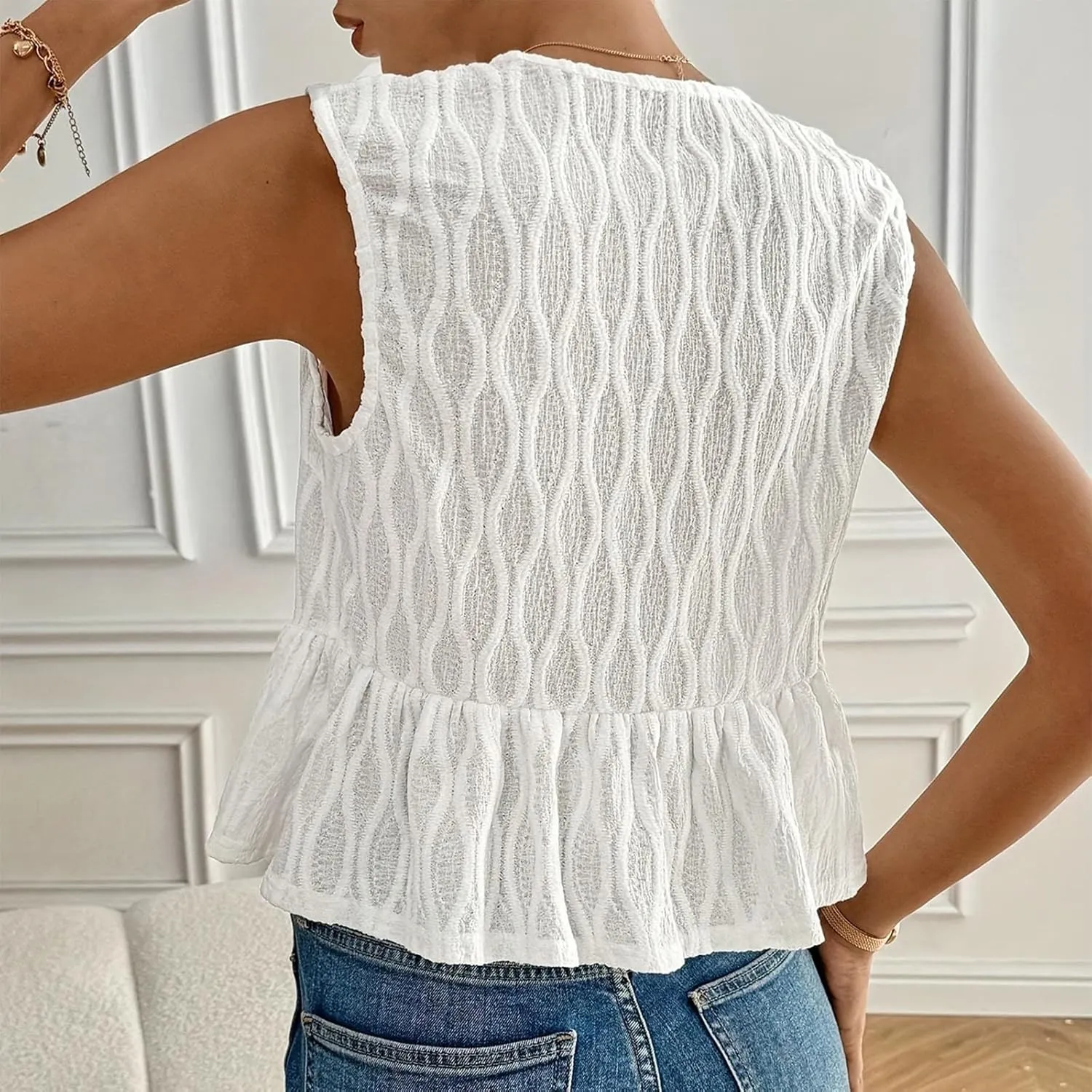 JOAU Bow Tie Front Tank Top for Women Textured Pleated Peplum Blouse Y2K Babydoll Ruffle Hem Shirts Sleeveless Tunic Outfits