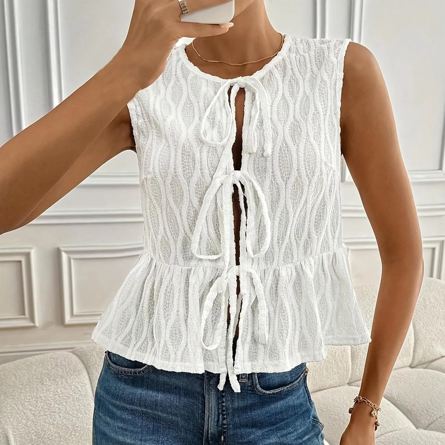 JOAU Bow Tie Front Tank Top for Women Textured Pleated Peplum Blouse Y2K Babydoll Ruffle Hem Shirts Sleeveless Tunic Outfits