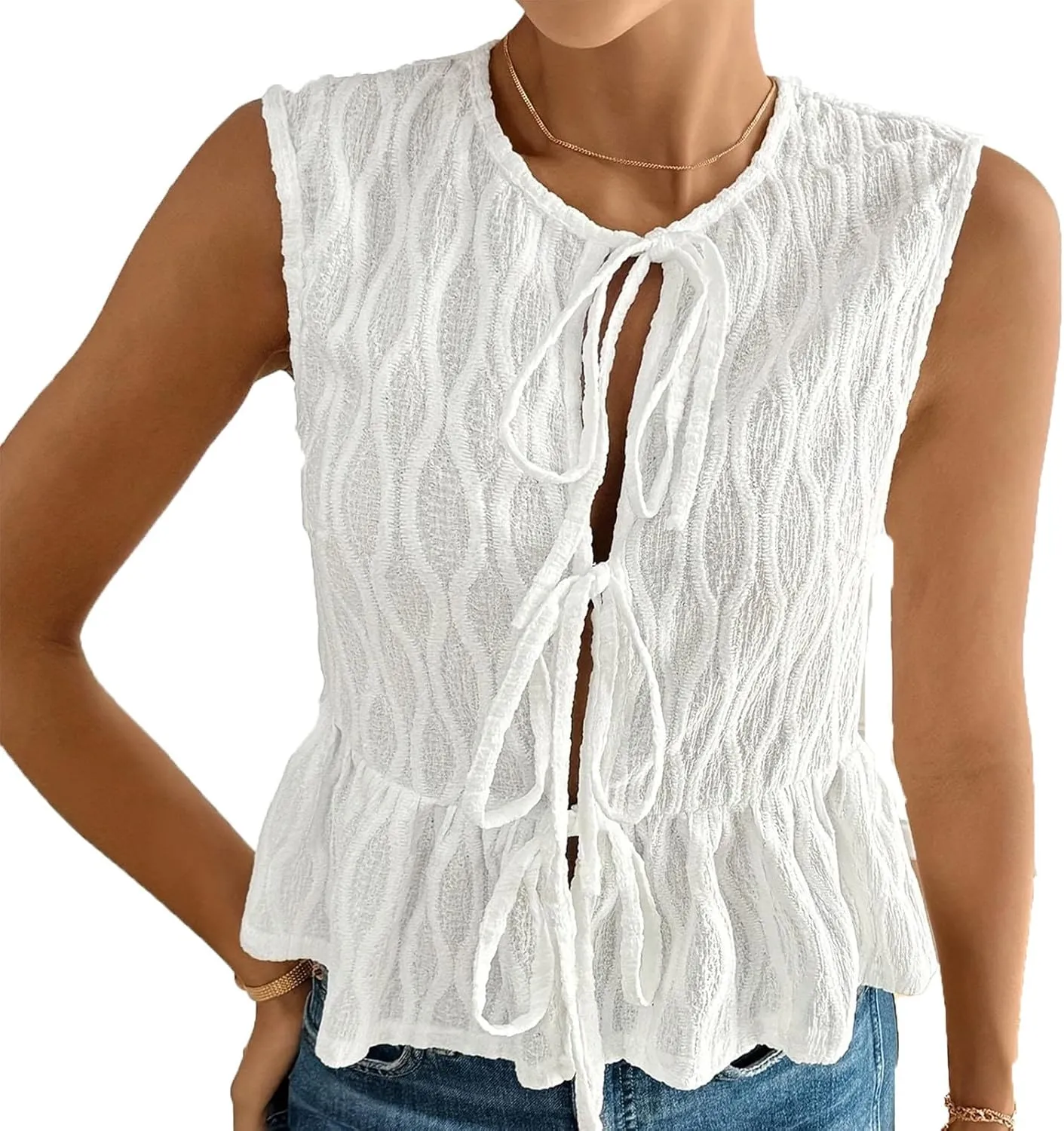JOAU Bow Tie Front Tank Top for Women Textured Pleated Peplum Blouse Y2K Babydoll Ruffle Hem Shirts Sleeveless Tunic Outfits