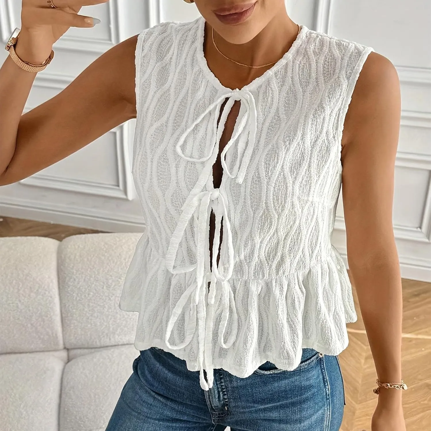 JOAU Bow Tie Front Tank Top for Women Textured Pleated Peplum Blouse Y2K Babydoll Ruffle Hem Shirts Sleeveless Tunic Outfits