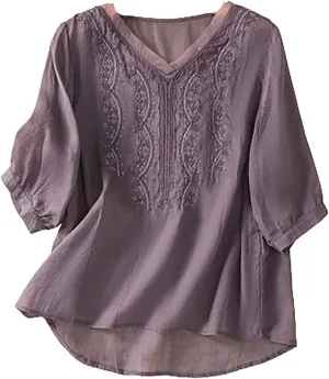 JOAU Women Cotton Linen Tunic Tops Puff Sleeve V Neck Embroidered Blouse Tee Summer Casual Peasant Boho Beach Shirts