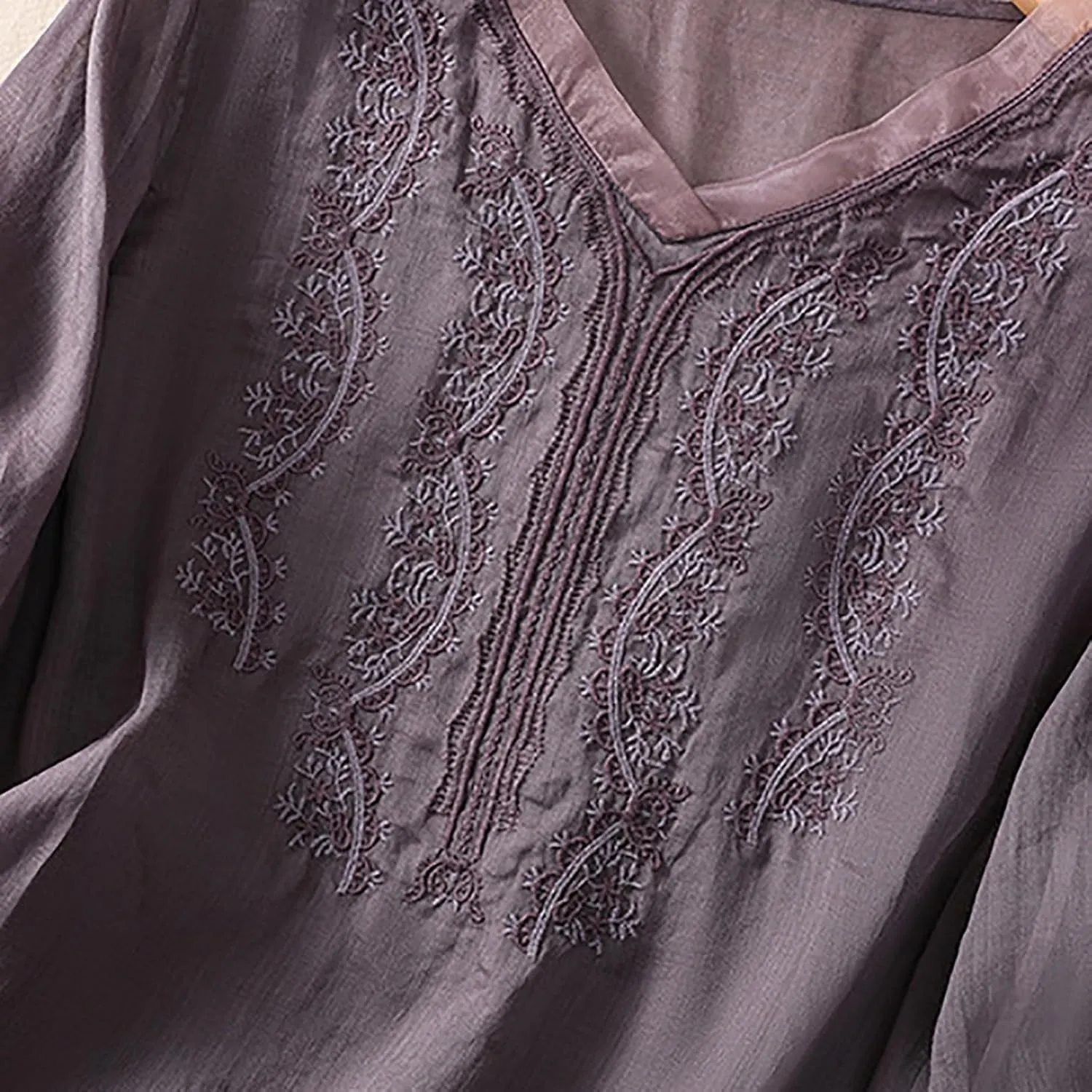 JOAU Women Cotton Linen Tunic Tops Puff Sleeve V Neck Embroidered Blouse Tee Summer Casual Peasant Boho Beach Shirts