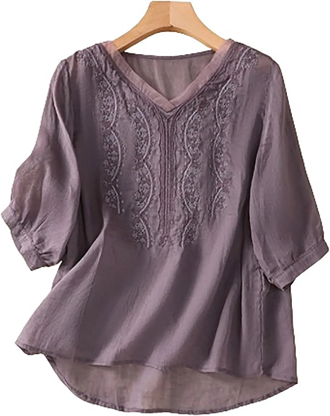 JOAU Women Cotton Linen Tunic Tops Puff Sleeve V Neck Embroidered Blouse Tee Summer Casual Peasant Boho Beach Shirts