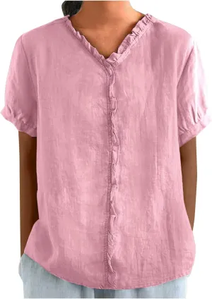 JOAU Women's Cotton Linen Short Sleeve Ruffle Shirts 2025 Summer Loose Casual V Neck Blouse Dressy Boho Beach Tunic Tops