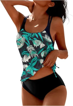 jsaierl Swimsuits for Women Tankini Swimsuit Modest 2 Piece Beachwear Sporty Bathing Suits Summer Print Swim Top with Bottom