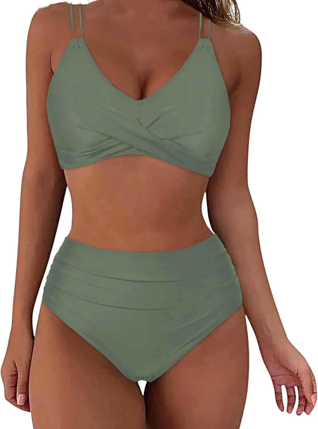 jsaierl Women Beachwear Summer Bikini Sets Sexy Front Twist Back Crossover Strappy Swimsuit Tummy Control Ruched Bathing Suit