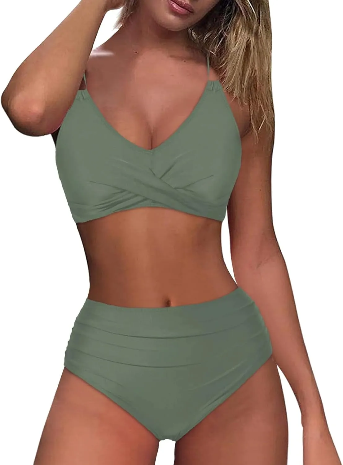 jsaierl Women Beachwear Summer Bikini Sets Sexy Front Twist Back Crossover Strappy Swimsuit Tummy Control Ruched Bathing Suit
