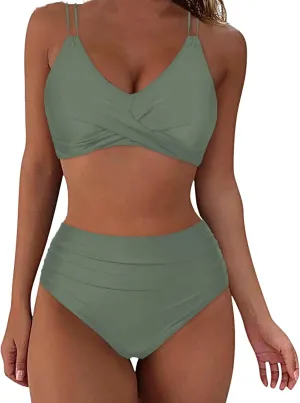 jsaierl Women Beachwear Summer Bikini Sets Sexy Front Twist Back Crossover Strappy Swimsuit Tummy Control Ruched Bathing Suit
