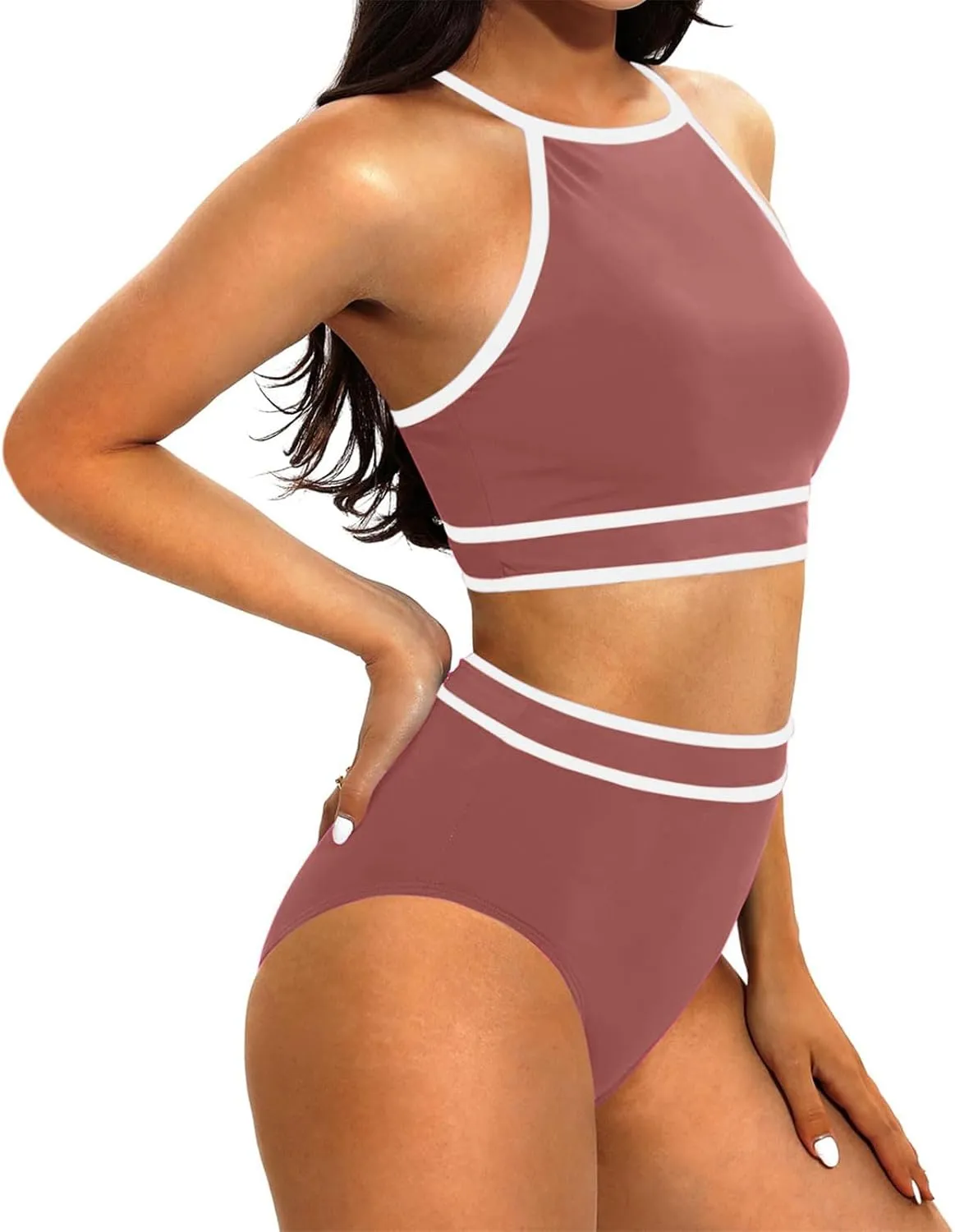 jsaierl Women Color Block Bikini Sets Tummy Control High Waisted Sporty Beach Swimwear Fashion Slimming 2 Piece Bathing Suits