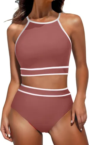 jsaierl Women Color Block Bikini Sets Tummy Control High Waisted Sporty Beach Swimwear Fashion Slimming 2 Piece Bathing Suits