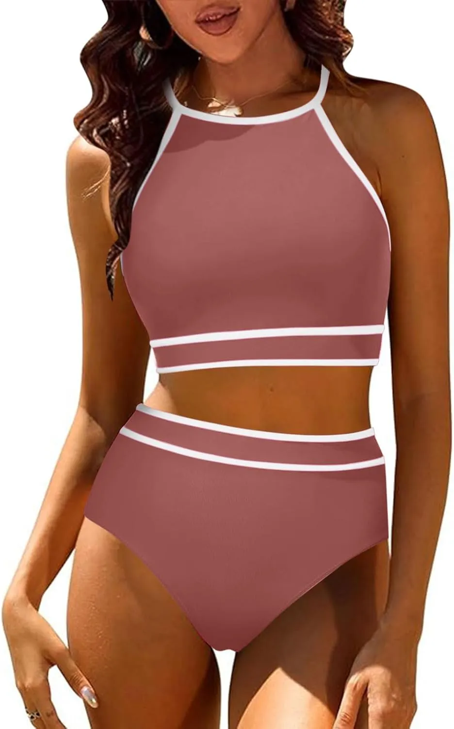 jsaierl Women Color Block Bikini Sets Tummy Control High Waisted Sporty Beach Swimwear Fashion Slimming 2 Piece Bathing Suits