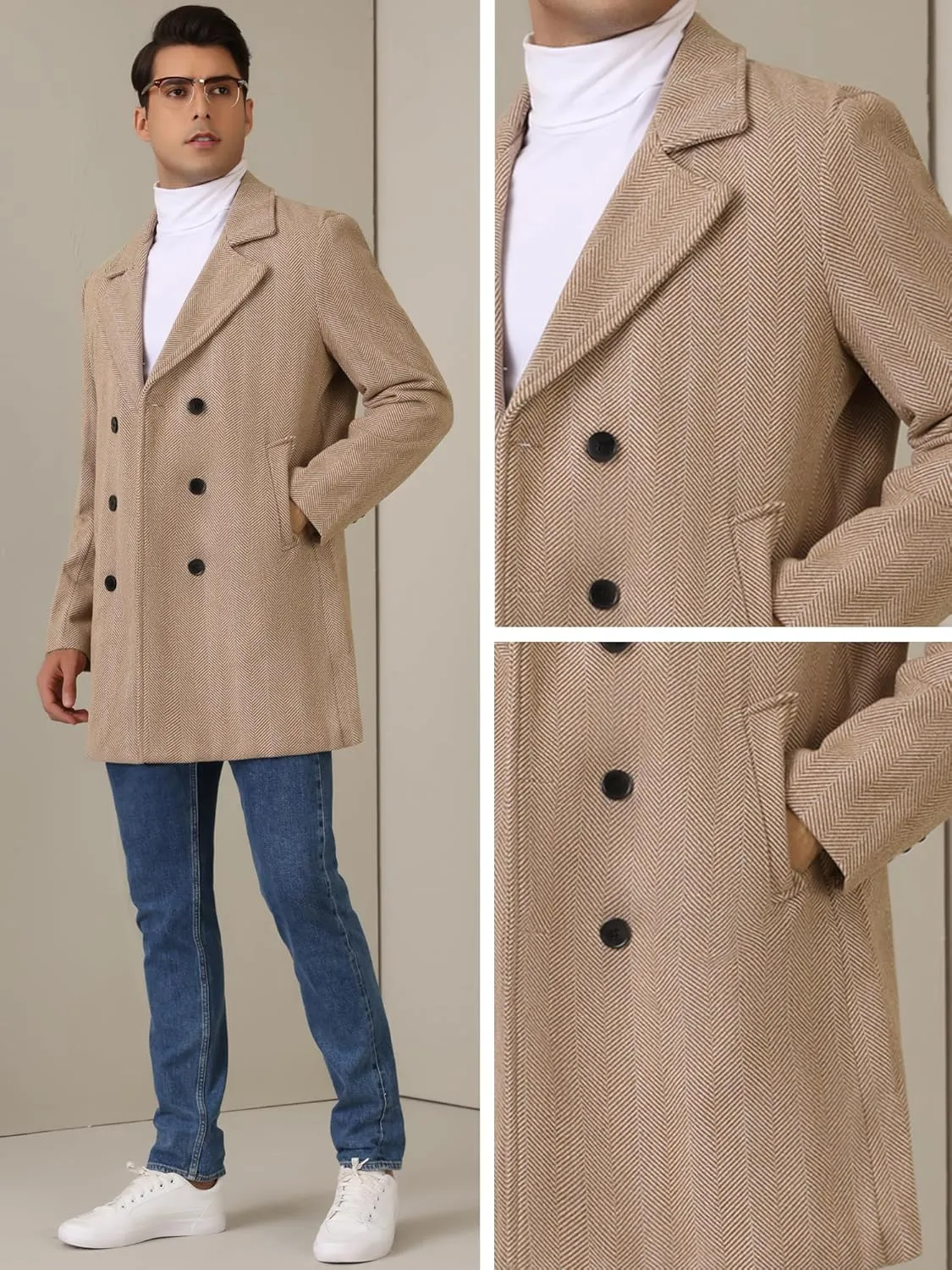 Lars Amadeus Double Breasted Trench Coats for Men's Herringbone Printed Notched Collar Winter Overcoats