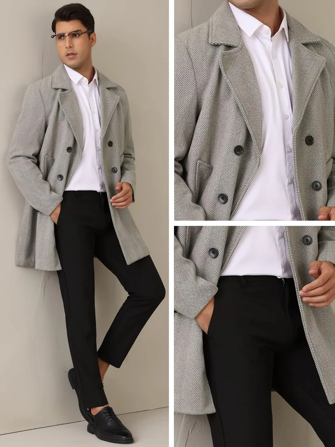 Lars Amadeus Double Breasted Trench Coats for Men's Herringbone Printed Notched Collar Winter Overcoats