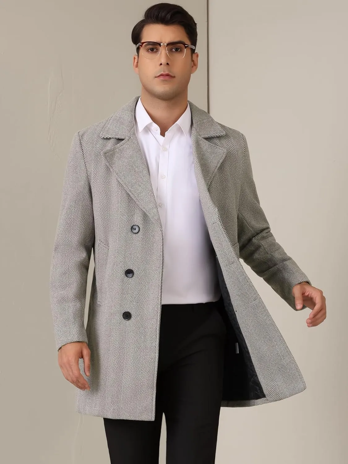 Lars Amadeus Double Breasted Trench Coats for Men's Herringbone Printed Notched Collar Winter Overcoats