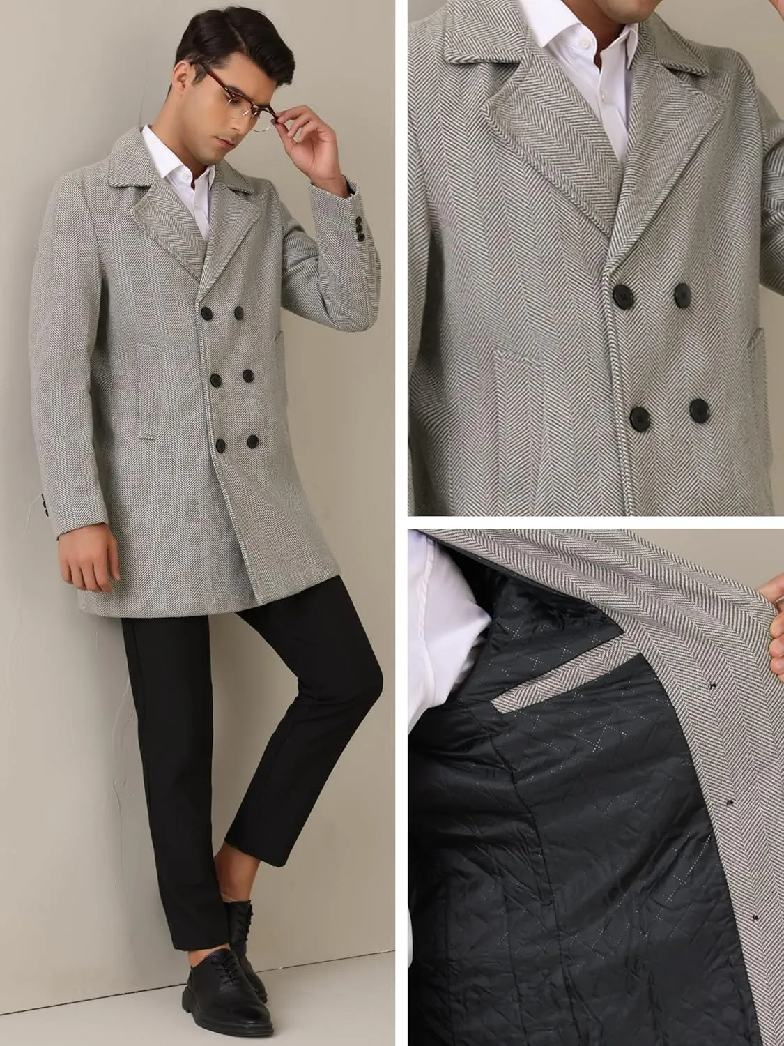 Lars Amadeus Double Breasted Trench Coats for Men's Herringbone Printed Notched Collar Winter Overcoats