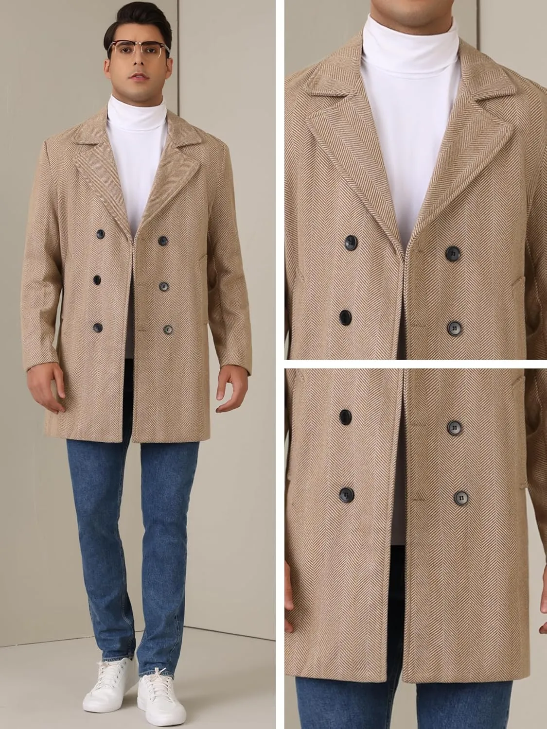 Lars Amadeus Double Breasted Trench Coats for Men's Herringbone Printed Notched Collar Winter Overcoats