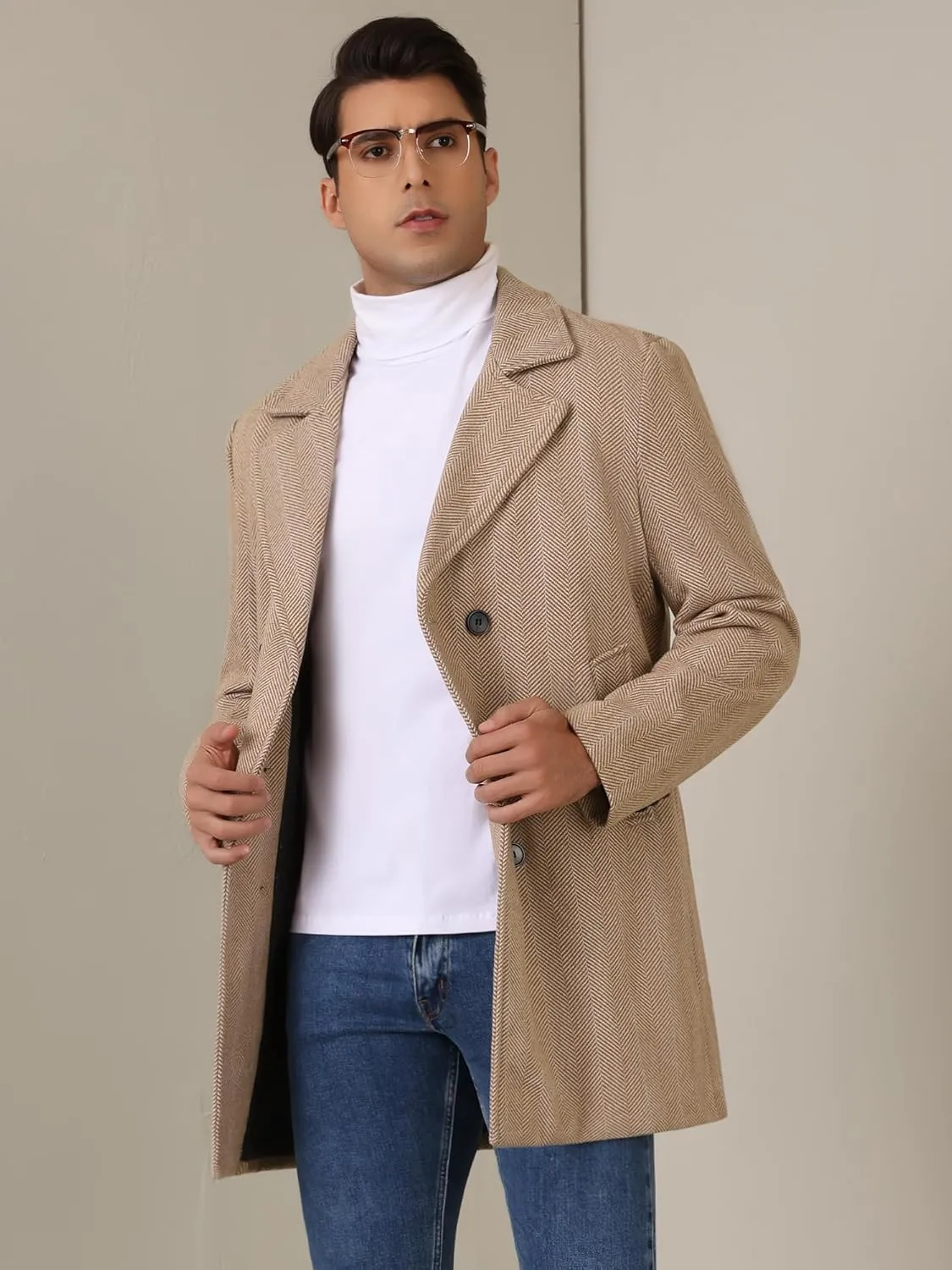 Lars Amadeus Double Breasted Trench Coats for Men's Herringbone Printed Notched Collar Winter Overcoats