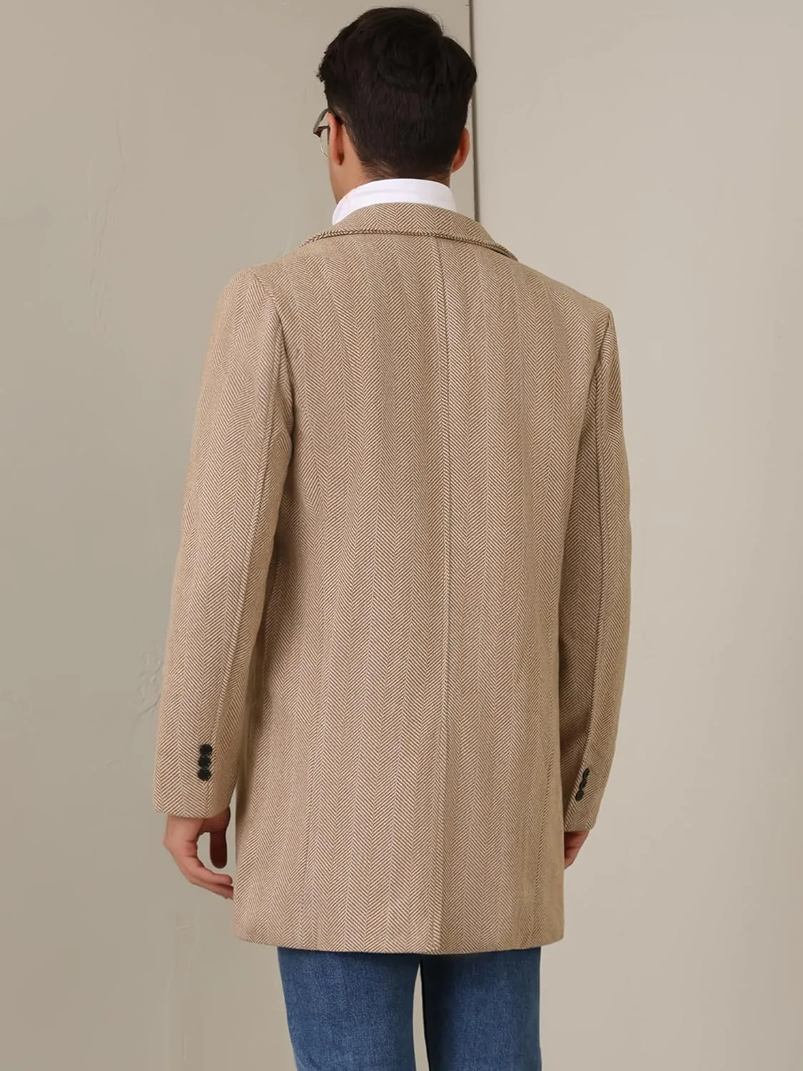 Lars Amadeus Double Breasted Trench Coats for Men's Herringbone Printed Notched Collar Winter Overcoats