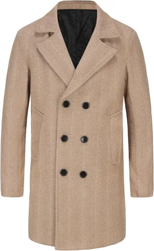 Lars Amadeus Double Breasted Trench Coats for Men's Herringbone Printed Notched Collar Winter Overcoats