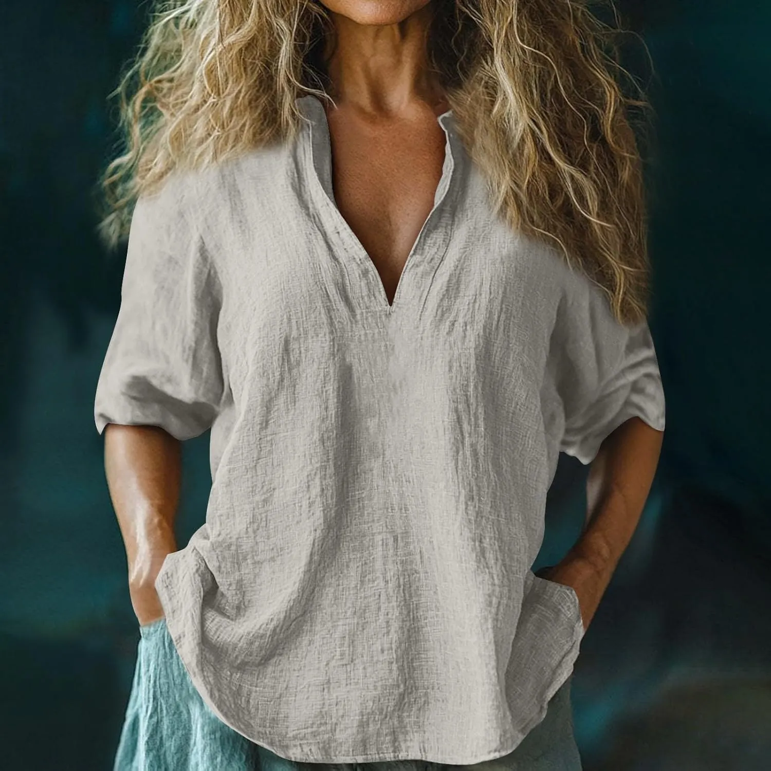 Linen Shirts for Women 2025 Summer Beach 3/4 Length Sleeve V Neck T Shirt Tops Dressy Casual Tunic Loose Blouse