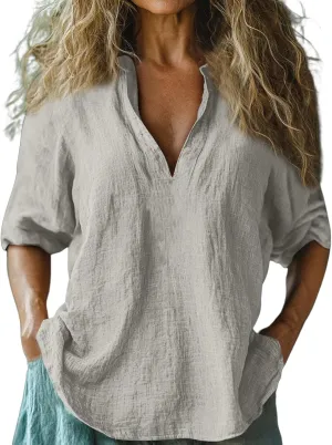 Linen Shirts for Women 2025 Summer Beach 3/4 Length Sleeve V Neck T Shirt Tops Dressy Casual Tunic Loose Blouse