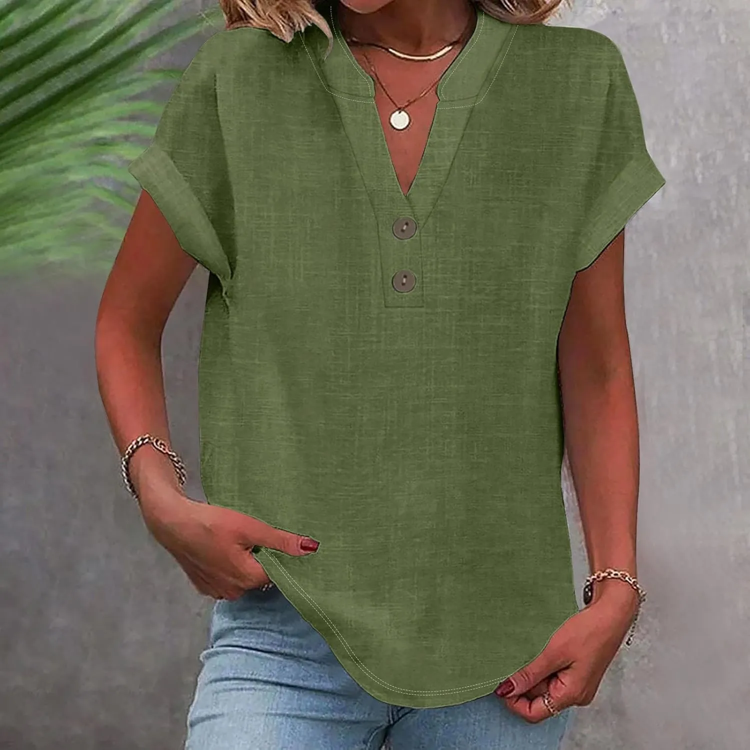 Linen Shirts for Women 2025 Summer Casual V Neck Button Down Blouses Vacation Short Sleeve Office Work Henley Tops