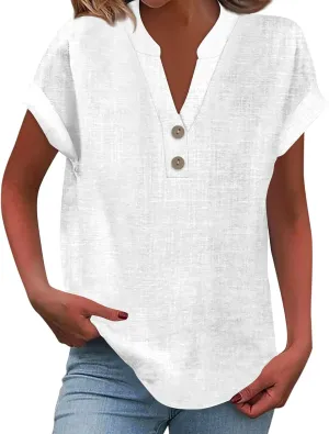 Linen Shirts for Women 2025 Summer Casual V Neck Button Down Blouses Vacation Short Sleeve Office Work Henley Tops