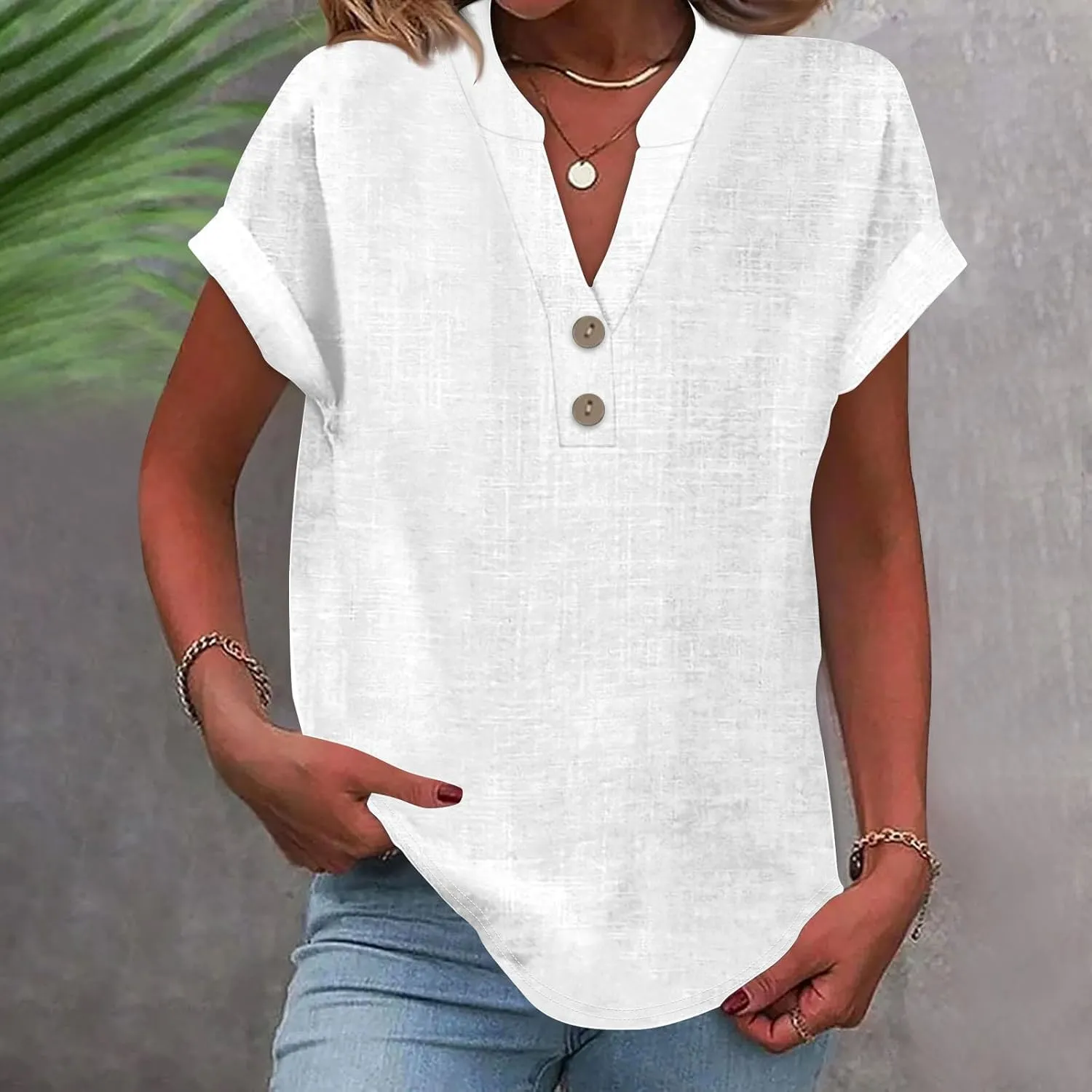 Linen Shirts for Women 2025 Summer Casual V Neck Button Down Blouses Vacation Short Sleeve Office Work Henley Tops