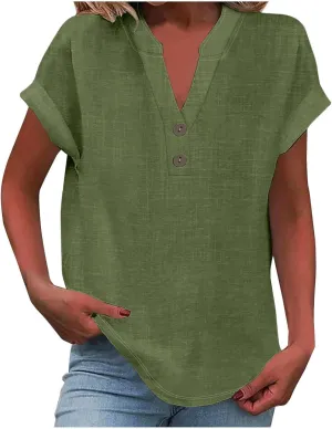 Linen Shirts for Women 2025 Summer Casual V Neck Button Down Blouses Vacation Short Sleeve Office Work Henley Tops