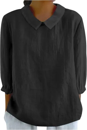Linen Shirts for Women 3/4 Length Sleeve Summer Henley Tops Casual Business Plain Collared Work Office Blouse