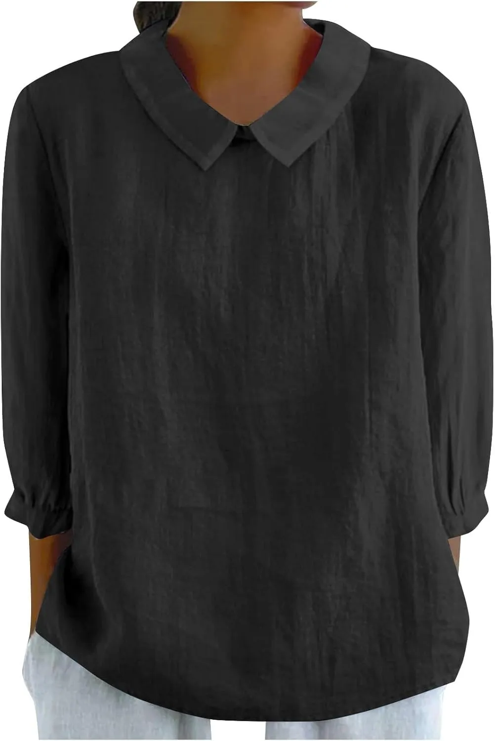 Linen Shirts for Women 3/4 Length Sleeve Summer Henley Tops Casual Business Plain Collared Work Office Blouse