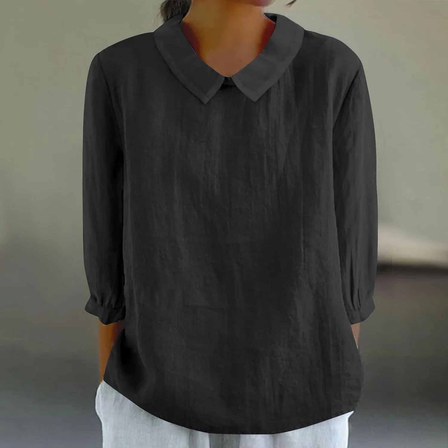 Linen Shirts for Women 3/4 Length Sleeve Summer Henley Tops Casual Business Plain Collared Work Office Blouse