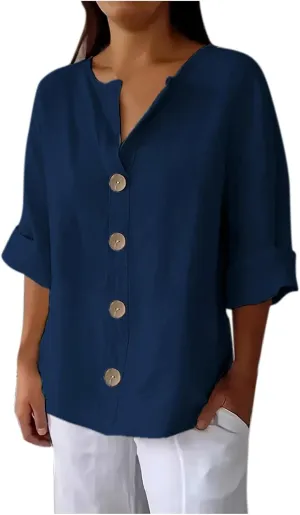 Linen Shirts for Women 3/4 Sleeve Summer Tops Crew Neck Button Down T-Shirts Casual Basic Tee Loose Gauze Blouses