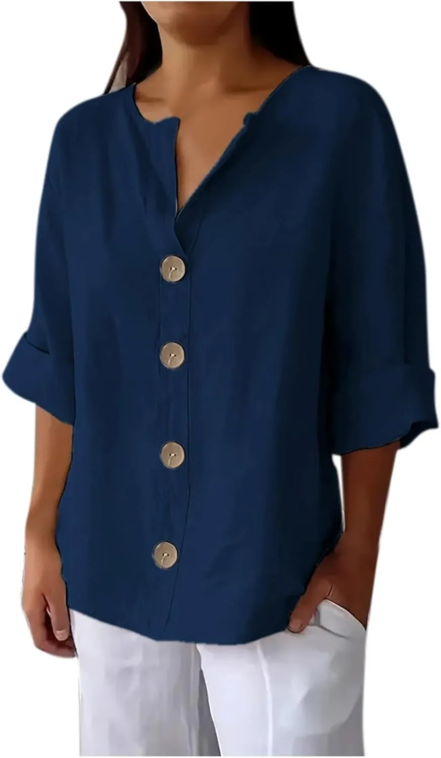 Linen Shirts for Women 3/4 Sleeve Summer Tops Crew Neck Button Down T-Shirts Casual Basic Tee Loose Gauze Blouses