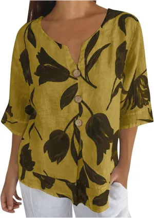 Linen Shirts for Women Button V Neck 3/4 Sleeve Cotton Linen Shirt Blouse Floral Loose Summer Vacation Beach Tee Top