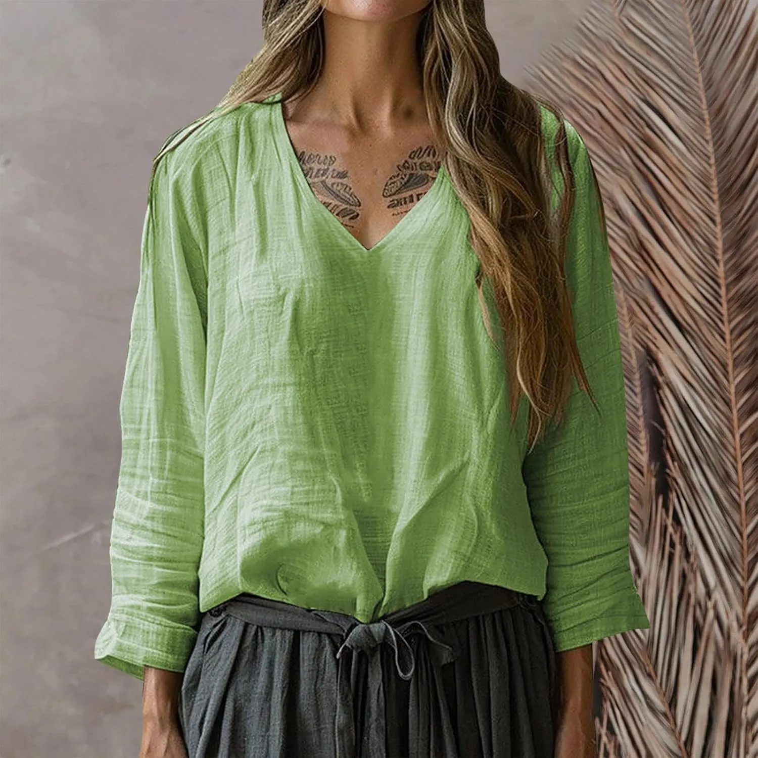 Linen Shirts for Women Casual V-Neck Long Sleeve T Shirt Loose Fit Solid Lightweight Blouse Trendy Summer Beach Tops