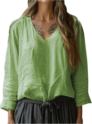 Linen Shirts for Women Casual V-Neck Long Sleeve T Shirt Loose Fit Solid Lightweight Blouse Trendy Summer Beach Tops