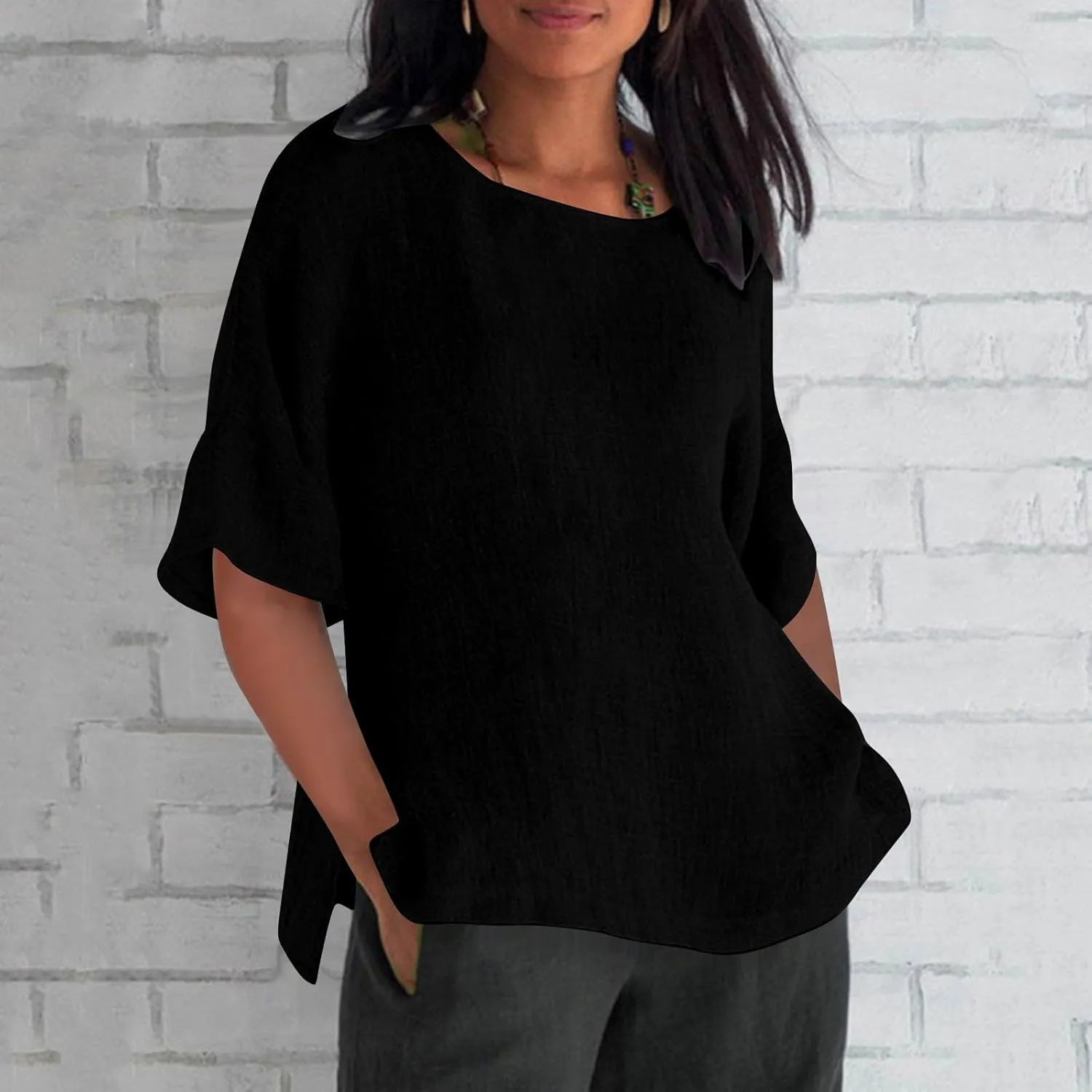 Linen Shirts For Women Loose Fit 3/4 Length Sleeve Summer Tunic Tops 2025 Side Split Dressy Tees Plus Size Blouse
