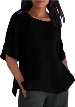 Linen Shirts For Women Loose Fit 3/4 Length Sleeve Summer Tunic Tops 2025 Side Split Dressy Tees Plus Size Blouse