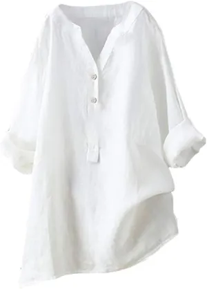 Linen Shirts for Women V-Neck Buttons Blouse Embroidery 2025 Summer Tshirt Long Sleeve Loose T-Shirts