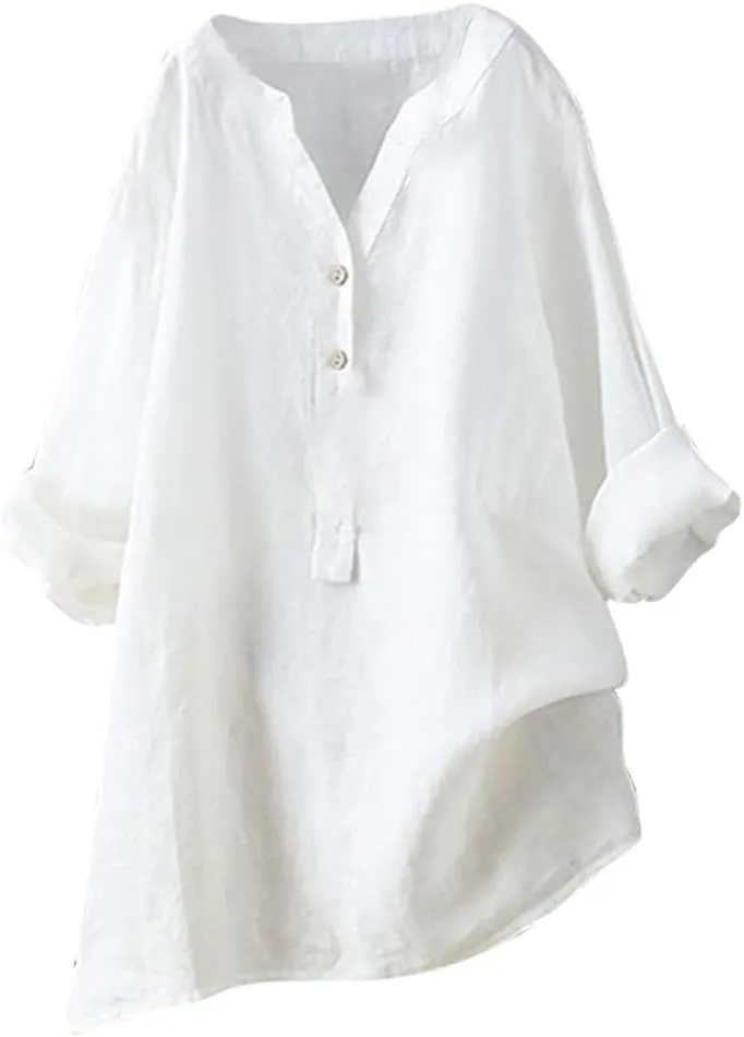 Linen Shirts for Women V-Neck Buttons Blouse Embroidery 2025 Summer Tshirt Long Sleeve Loose T-Shirts