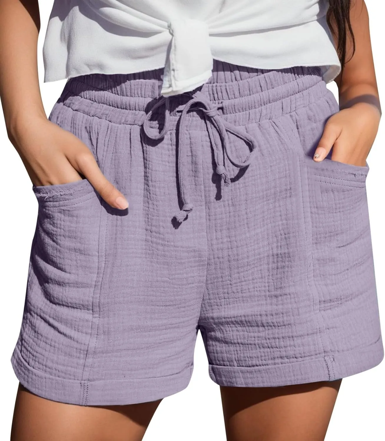 Linen Shorts for Women High Waisted Wide Leg Drawstring Casual Summer Beach Shorts Plus Size Cute Flowy Lounge Shorts
