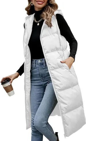 Lingswallow Long Puffer Vest Women Quilted Hooded Vests Outerwear Sleeveless Zip Up Coat Jackets With Pockets