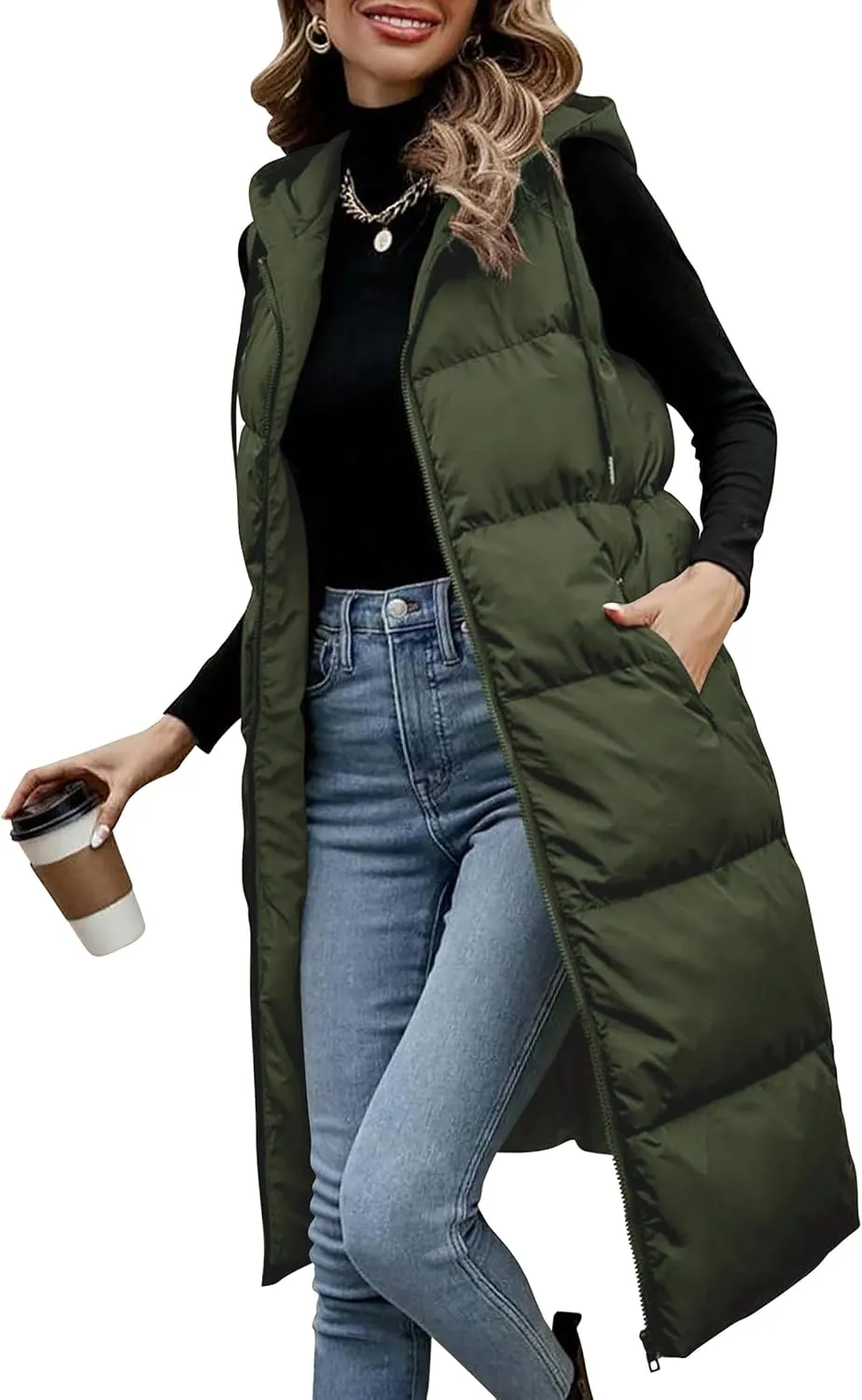 Lingswallow Long Puffer Vest Women Quilted Hooded Vests Outerwear Sleeveless Zip Up Coat Jackets With Pockets